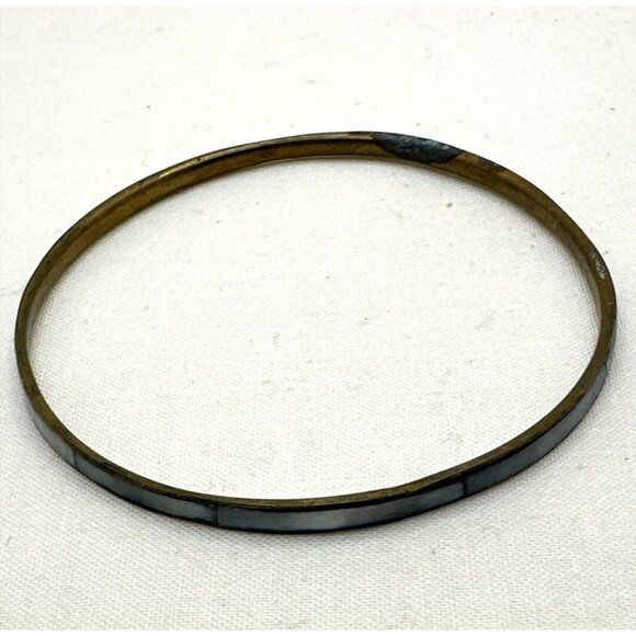 Vintage Boho Chic Mother Of Pearl Inlay Bangle Bracelet Iridescent Minimalist - Picture 7 of 7